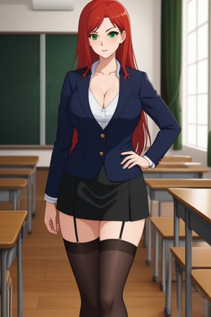 best quality, extremely detailed, masterpiece, female, adult, cleavage, milf, teacher, long_hair, red_hair, green_eyes, suit, red_suit, white undershirt, black_skirt, stockings, Miyako Saitou