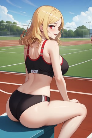 best quality, extremely detailed, masterpiece, females, medium boobs, cleavage, teen, teenagers, blonde, long_hair, curly_hair, gyaru, red eyes, cheerful, bitch, school sport yard, track field, buruma, red buruma, red sportbra, sportbra, sitting, viewed_from_behind