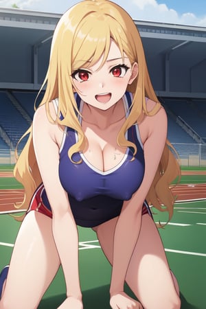 best quality, extremely detailed, masterpiece, females, medium boobs, cleavage, teen, teenagers, blonde, long_hair, curly_hair, gyaru, red eyes, cheerful, bitch, school sport yard, track field, buruma, white top, bend over