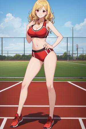 best quality, extremely detailed, masterpiece, females, medium boobs, cleavage, teen, teenagers, blonde, long_hair, curly_hair, gyaru, red eyes, school sport yard, track field, buruma, red buruma, red sportbra, sportbra, golden medal, medal, happy, full_body