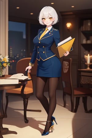 best quality, extremely detailed, masterpiece, females, medium boobs, elegant pose, adult, high_heels, blue skirt, velvet blue suit, ship crew uniform, closed button, pantyhose, white hair, short_hair, yellow eyes, smiling, sexy custom, book, yellow tie
