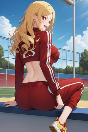 best quality, extremely detailed, masterpiece, females, medium boobs, teen, teenagers, blonde, long_hair, curly_hair, gyaru, red eyes, cheerful, bitch, school sport yard, red track suit, track_suit, open track suit, shorts, red shorts, sitting, viewed_from_behind