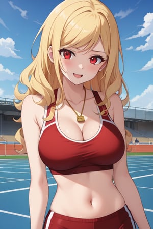 best quality, extremely detailed, masterpiece, females, medium boobs, cleavage, teen, teenagers, blonde, long_hair, curly_hair, gyaru, red eyes, school sport yard, track field, buruma, red buruma, red sportbra, sportbra, golden medal, medak, happy