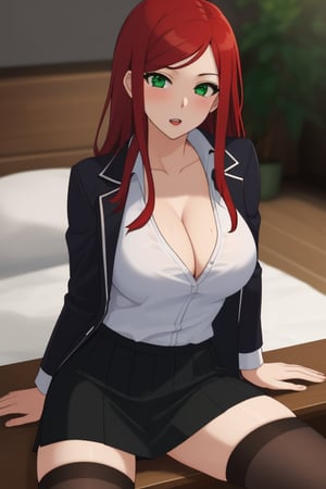 best quality, extremely detailed, masterpiece, female, adult, sexy_pose, cleavage, milf, long_hair, red_hair, green_eyes, red suit, white undershirt, black_skirt, black_stockings, Miyako Saitou