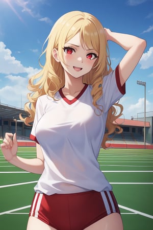 best quality, extremely detailed, masterpiece, females, medium boobs, teen, teenagers, blonde, long_hair, curly_hair, gyaru, red eyes, cheerful, bitch, school sport yard, track field, buruma, white top