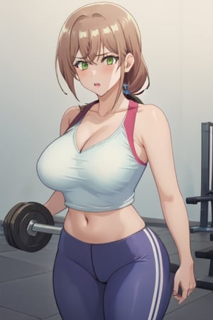 best quality, extremely detailed, masterpiece, 1_girl, mature, milf, mommy, mother, adult, medium boobs, cleavage, gym_clothes, leggings, green-eyes, brown-hair, pony_tail, ponytail, standing, white background, Shiori Katase, milfication