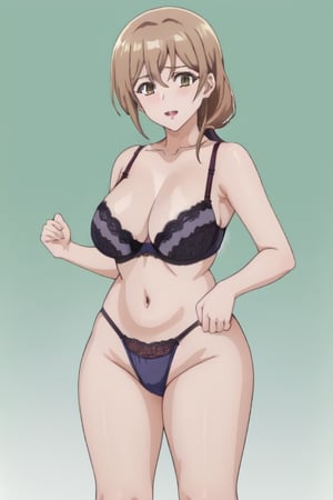 best quality, extremely detailed, masterpiece, 1_girl, mature, milf, mommy, mother, adult, medium boobs, black underwear, lace thong, bra, green-eyes, brown-hair, pony_tail, ponytail, standing, white background, Shiori Katase, milfication