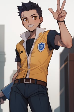 best quality, extremely detailed, masterpiece, boy, cool pose, teenager, blue suit, yellow undershirt, school, school uniform,  black hair, spiky hairstyle, zarya, orange eyes, smile