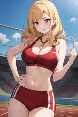 best quality, extremely detailed, masterpiece, females, medium boobs, cleavage, teen, teenagers, blonde, long_hair, curly_hair, gyaru, red eyes, school sport yard, track field, buruma, red buruma, red sportbra, sportbra, golden medal, medal, happy