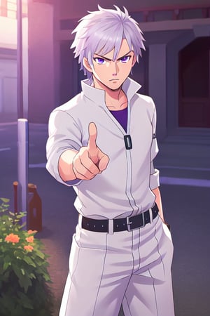 best quality, extremely detailed, masterpiece, manly, manful, cool pose, adult, worn clothes, white clothes, silver hair, short_hair, splitted hair, purple eyes, protagonist (caligula), serious, saint