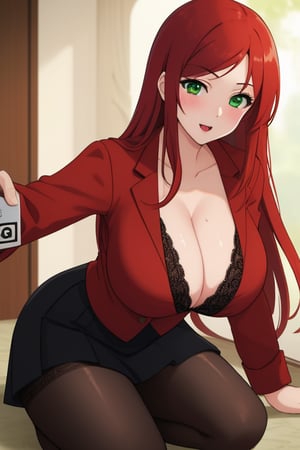 best quality, extremely detailed, masterpiece, female, adult, big_boobs, sexy_pose, cleavage, milf, long_hair, red_hair, green_eyes, red suit, white undershirt, black_skirt, black_stockings, lace_stockings, Miyako Saitou