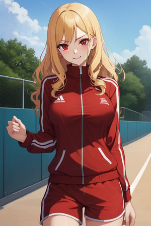 best quality, extremely detailed, masterpiece, females, medium boobs, teen, teenagers, blonde, long_hair, curly_hair, gyaru, red eyes, cheerful, bitch, school sport yard, red track suit, closed track suit, track_suit, shorts, red shorts