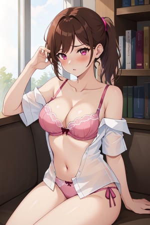 best quality, extremely detailed, masterpiece, female, cleavage, sexy_pose, medium_breasts, teenagers, school_girl, school, library, white shirt, short_sleeves, brown hair, pink eyes, pony_tail, blush, open shirt, open_clothes, magenta bra, magenta panties, off-shoulder, bare_shoulder, sitting