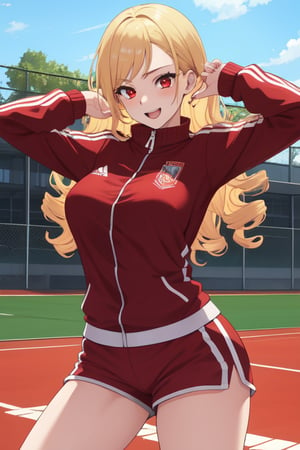 best quality, extremely detailed, masterpiece, females, medium boobs, teen, teenagers, blonde, long_hair, curly_hair, gyaru, red eyes, cheerful, bitch, school sport yard, red track suit, track_suit, shorts, red shorts, stretching