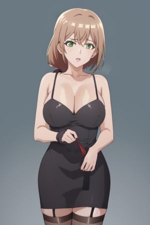 best quality, extremely detailed, masterpiece, 1_girl, mature, milf, mommy, mother, adult, medium boobs, black stockings, garter_strap, black mini_dress, secretary, elegant, green-eyes, brown-hair, pony_tail, ponytail, standing, white background, Shiori Katase, milfication