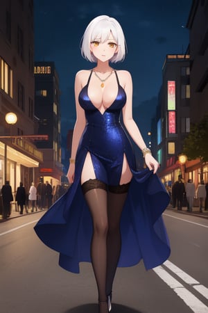 best quality, extremely detailed, masterpiece, females, medium boobs, cleavage, adult, high_heels, evening dress, blue evening dress, elegant, stockings, black stockings, white hair, short_hair, yellow eyes, necklace, night, street, lovehotel in the background, lovehotel title