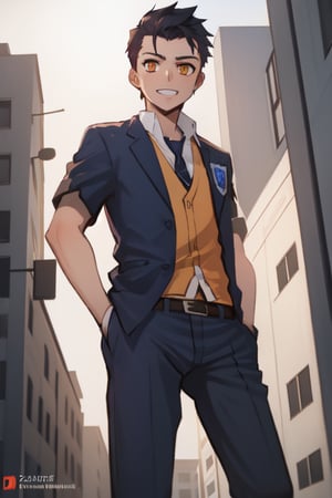 best quality, extremely detailed, masterpiece, boy, clumsy pose, teenager, blue suit, yellow undershirt, school, school uniform, black hair, spiky hairstyle, zarya, orange eyes, cheerful