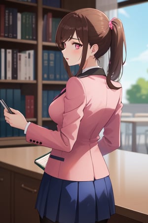 best quality, extremely detailed, masterpiece, female, medium_breasts, teenagers, school_girl, school_uniform, school, library, studying, viewed_from_behind, blue skirt, black_pantyhose, pink suit, brown hair, pink eyes, pony_tail