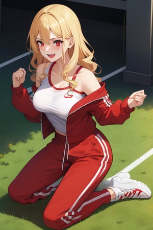 best quality, extremely detailed, masterpiece, females, medium boobs, teen, teenagers, blonde, long_hair, curly_hair, gyaru, red eyes, cheerful, bitch, school sport yard, red track suit, track_suit, open track suit, shorts, red shorts, kneeling, off-shoulder track suit, white shirt