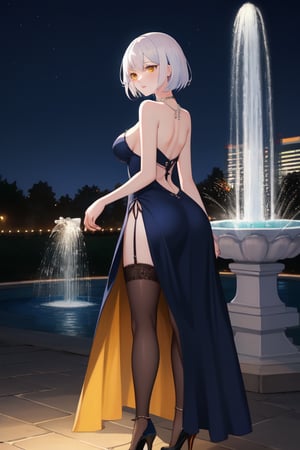 best quality, extremely detailed, masterpiece, females, medium boobs, cleavage, adult, high_heels, evening dress, blue evening dress, elegant, stockings, black stockings, white hair, short_hair, yellow eyes, necklace, fountain, night, colorful lights, butt, viewed_from_behind