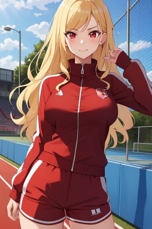 best quality, extremely detailed, masterpiece, females, medium boobs, teen, teenagers, blonde, long_hair, curly_hair, gyaru, red eyes, cheerful, bitch, school sport yard, red track suit, closed track suit, track_suit, shorts, red shorts