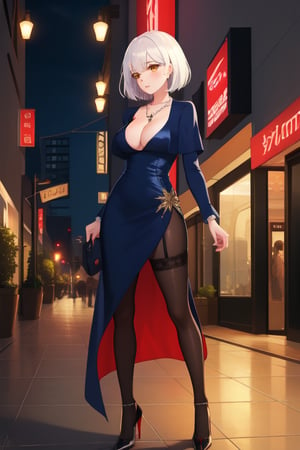 best quality, extremely detailed, masterpiece, females, medium boobs, cleavage, adult, high_heels, evening dress, blue evening dress, elegant, stockings, black stockings, white hair, short_hair, yellow eyes, necklace, night, red-light district, red lights, hotel entrance