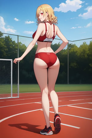 best quality, extremely detailed, masterpiece, females, medium boobs, cleavage, teen, teenagers, blonde, long_hair, curly_hair, gyaru, red eyes, school sport yard, track field, buruma, red buruma, red sportbra, sportbra, golden medal, medal, happy, full_body, viewed_from_behind