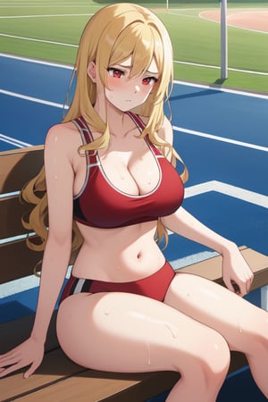 best quality, extremely detailed, masterpiece, females, medium boobs, cleavage, teen, teenagers, blonde, long_hair, curly_hair, gyaru, red eyes, school sport yard, track field, buruma, red buruma, red sportbra, sportbra, tired, resting on a bench, towel, sweating