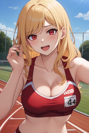 best quality, extremely detailed, masterpiece, females, medium boobs, cleavage, teen, teenagers, blonde, long_hair, curly_hair, gyaru, red eyes, cheerful, bitch, school sport yard, track field, buruma, red buruma, white sportbra, sportbra