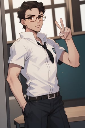 best quality, extremely detailed, masterpiece, man, manly, manful, adult, 19_years_old, white T-shirt, black tie, school uniform, black hair, short-hair,  buzz cut, brown eyes, glasses, high_tech, jojo_pose
