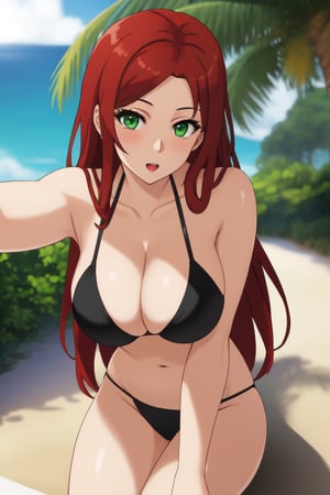 best quality, extremely detailed, masterpiece, female, adult, sexy_pose, cleavage, milf, long_hair, red_hair, green_eyes, sunbathing, black bikini, Miyako Saitou