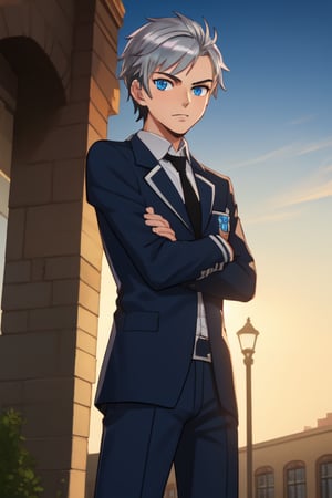 best quality, extremely detailed, masterpiece, manly, manful, cool pose, teenager, blue suit, school, school uniform, black tie, black trousers, silver hair, short_hair, blue eyes, protagonist (caligula)