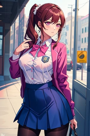 best quality, extremely detailed, masterpiece, females, medium boobs, sexy pose, teenagers, school_girl, school_uniform, school, blue skirt,  pantyhose, pink suit, brown hair, pink eyes, pony_tail, closed button