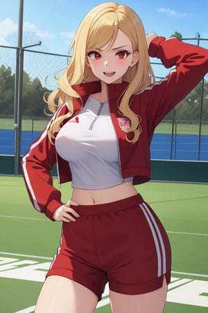 best quality, extremely detailed, masterpiece, females, medium boobs, teen, teenagers, blonde, long_hair, curly_hair, gyaru, red eyes, cheerful, bitch, school sport yard, red track suit, closed track suit, track_suit, shorts, red shorts