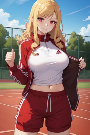 best quality, extremely detailed, masterpiece, females, medium boobs, teen, teenagers, blonde, long_hair, curly_hair, gyaru, red eyes, cheerful, bitch, school sport yard, red track suit, closed track suit, track_suit, shorts, red shorts