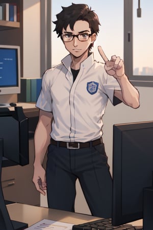 best quality, extremely detailed, masterpiece, man, manly, manful, adult, 19_years_old, white T-shirt, black tie, school uniform, black hair, short-hair,  buzz cut, brown eyes, glasses, computer science, jojo_pose