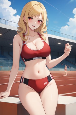 best quality, extremely detailed, masterpiece, females, medium boobs, cleavage, teen, teenagers, blonde, long_hair, curly_hair, gyaru, red eyes, school sport yard, track field, buruma, red buruma, red sportbra, sportbra, podium, winner, gold_medal, medal, happy