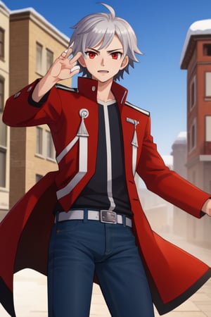 best quality, extremely detailed, masterpiece, manly, manful, cool pose, teenager, jeans, red coat, winter coat, rolled-up_sleeves, silver hair, short_hair, splitted hair, red eyes, protagonist (caligula)