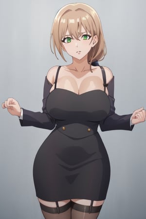 best quality, extremely detailed, masterpiece, 1_girl, mature, milf, mommy, mother, adult, medium boobs, black stockings, garter_strap, black mini_dress, secretary, elegant, green-eyes, brown-hair, pony_tail, ponytail, standing, white background, Shiori Katase, milfication