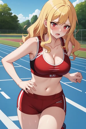 best quality, extremely detailed, masterpiece, females, medium boobs, cleavage, teen, teenagers, blonde, long_hair, curly_hair, gyaru, red eyes, school sport yard, track field, buruma, red buruma, red sportbra, sportbra, run, running, comptetition, race, sweating