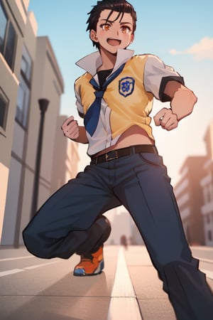 best quality, extremely detailed, masterpiece, boy, clumsy pose, teenager, blue suit, yellow undershirt, school, school uniform, black hair, spiky hairstyle, zarya, orange eyes, cheerful