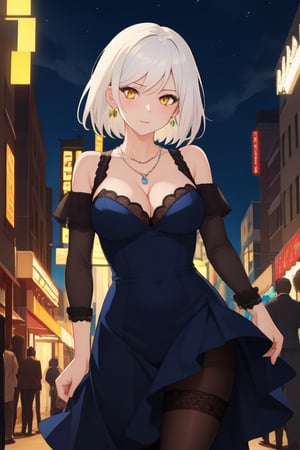 best quality, extremely detailed, masterpiece, females, medium boobs, cleavage, adult, high_heels, evening dress, blue evening dress, elegant, stockings, black stockings, white hair, short_hair, yellow eyes, necklace, walking, street, night, colorful lights, closeup, close_up, close-up, face