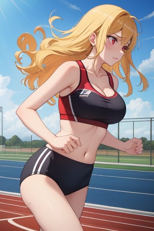 best quality, extremely detailed, masterpiece, females, medium boobs, cleavage, teen, teenagers, blonde, long_hair, curly_hair, gyaru, red eyes, school sport yard, track field, buruma, red buruma, red sportbra, sportbra, run, running ,competition, sweating, viewed_from_side