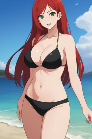 best quality, extremely detailed, masterpiece, female, adult, sexy_pose, cleavage, milf, long_hair, red_hair, green_eyes, beach, take off top half bikini, black bikini, Miyako Saitou