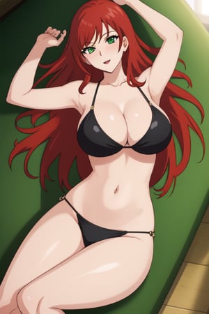 best quality, extremely detailed, masterpiece, female, adult, sexy_pose, cleavage, milf, long_hair, red_hair, green_eyes, lying on the back, black bikini, Miyako Saitou