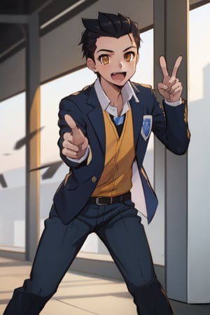 best quality, extremely detailed, masterpiece, boy, clumsy pose, teenager, blue suit, yellow undershirt, school, school uniform, black hair, spiky hairstyle, zarya, orange eyes, cheerful