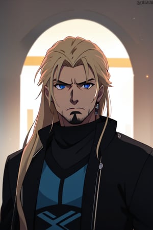best quality, extremely detailed, masterpiece, man, male, adult, manly, manful, antagonist, villain, long_hair, blonde, blue eyes, scruff, black coat, leather coat, evil, sigma, deliquent
