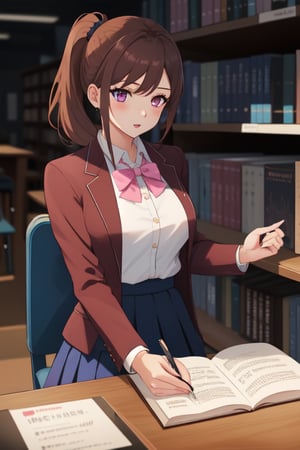 best quality, extremely detailed, masterpiece, female, medium_breasts, teenagers, school_girl, school_uniform, school, library, studying, blue skirt, black_pantyhose, pink suit, open clothes, brown hair, pink eyes, pony_tail
