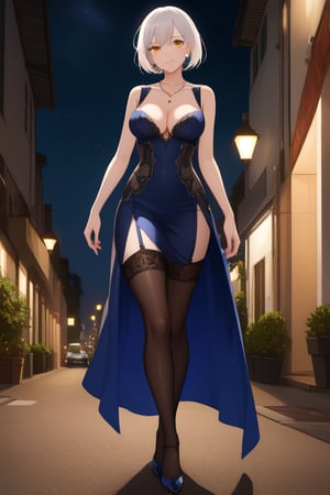 best quality, extremely detailed, masterpiece, females, medium boobs, cleavage, adult, high_heels, evening dress, blue evening dress, elegant, stockings, black stockings, white hair, short_hair, yellow eyes, necklace, walking, street, night, colorful lamps