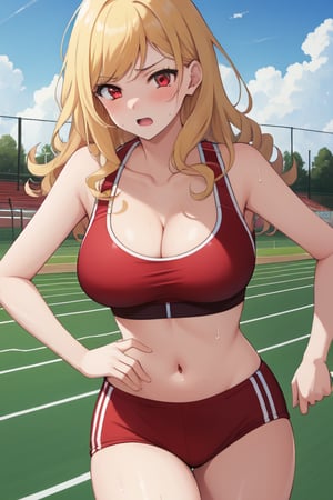 best quality, extremely detailed, masterpiece, females, medium boobs, cleavage, teen, teenagers, blonde, long_hair, curly_hair, gyaru, red eyes, school sport yard, track field, buruma, red buruma, red sportbra, sportbra, running, sweating